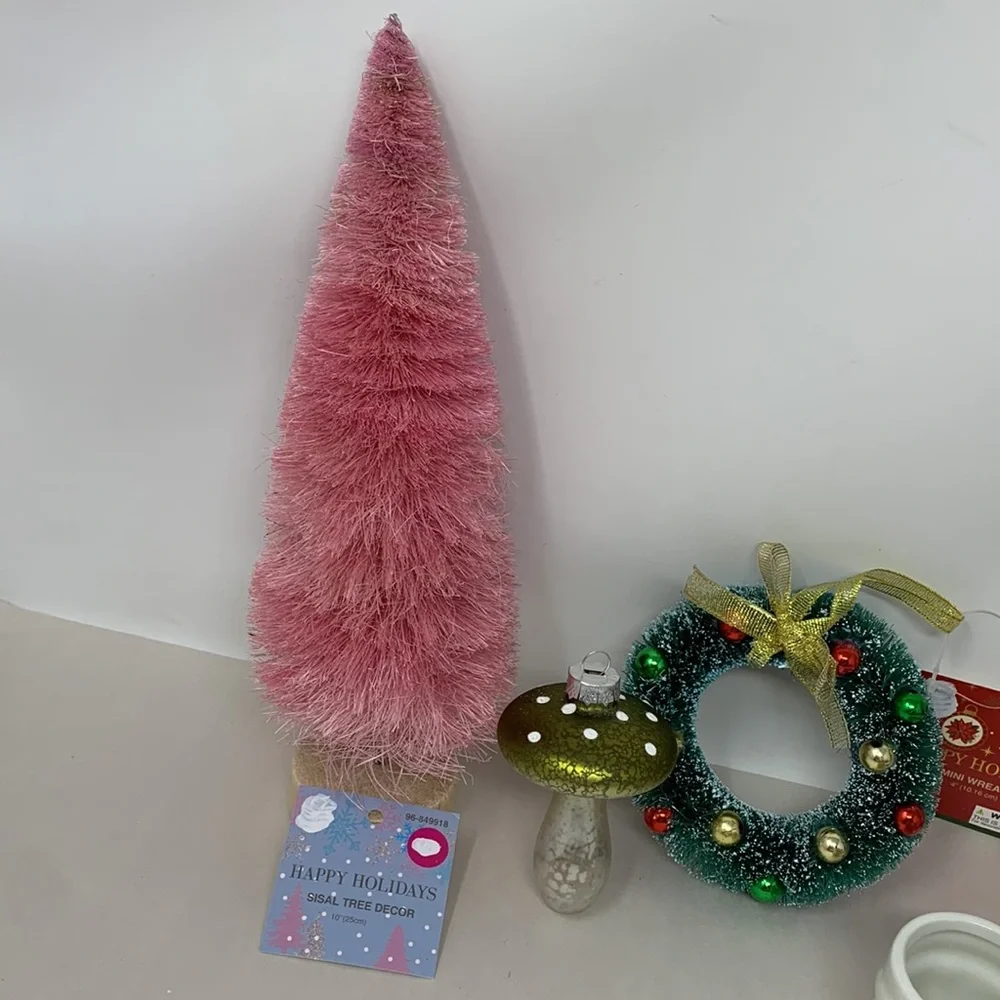 5 pc Christmas decor ornament lot Tree Wreath Elf Santa cup glass mushroom NEW - Picture 8 of 17